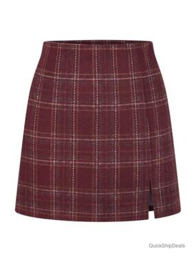 Women's Plaid Gingham Mini Skort High Waisted Slit Elastic Waist Fall